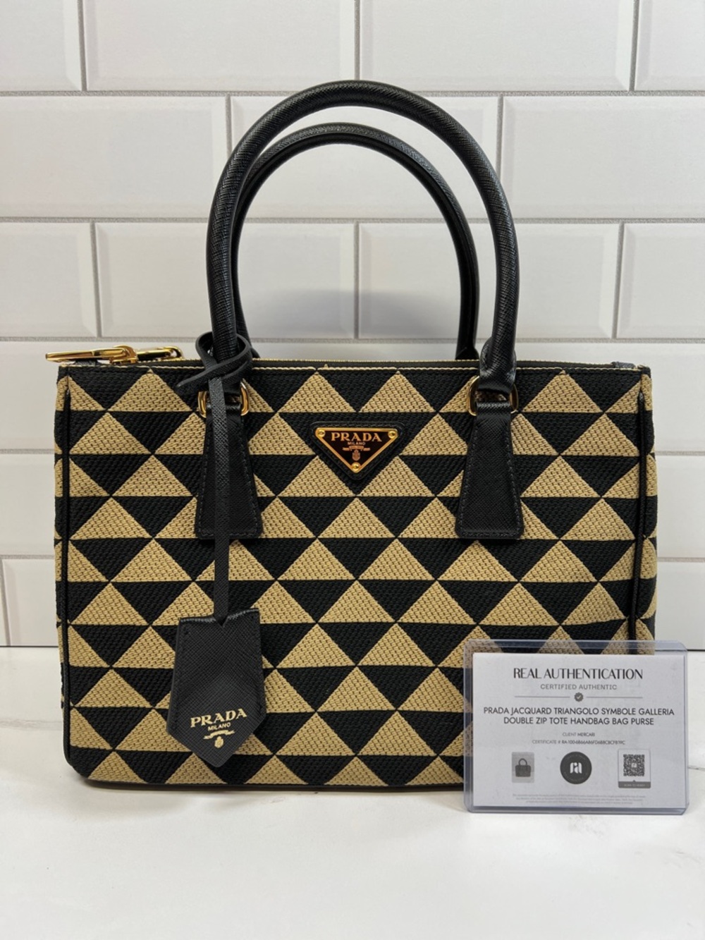 Prada Jacquard Triangolo Symbole Galleria Double Zip Tote Handbag Bag Purse